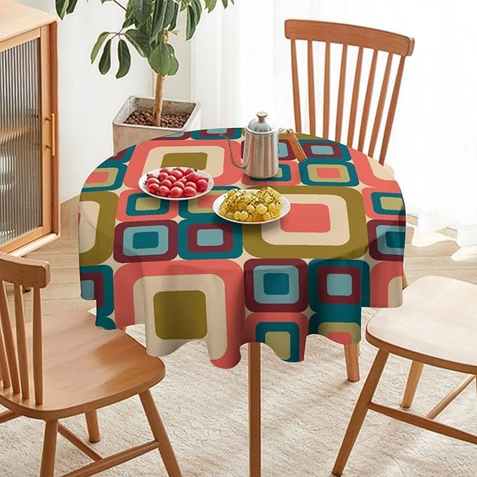 Abstract Geometric Round Tablecloth, Mid Century Modern Middle Century Abstract Patterns Print Tablecloth for Home Party Dining Room Kitchen Decor 70Inch(178cm)