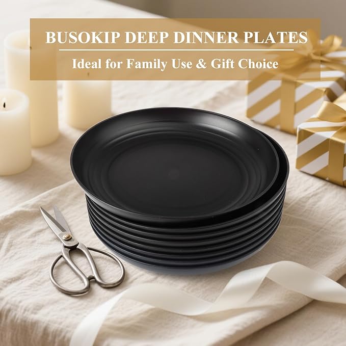 Wheat Straw Plates Set of 8, 9 Inch Dinner Plate for Camping, Picnic, Unbreakable Plastic Plates Reusable, Microwave & Dishwasher Safe Kitchen Plate for Breakfast, Lunch (Black)