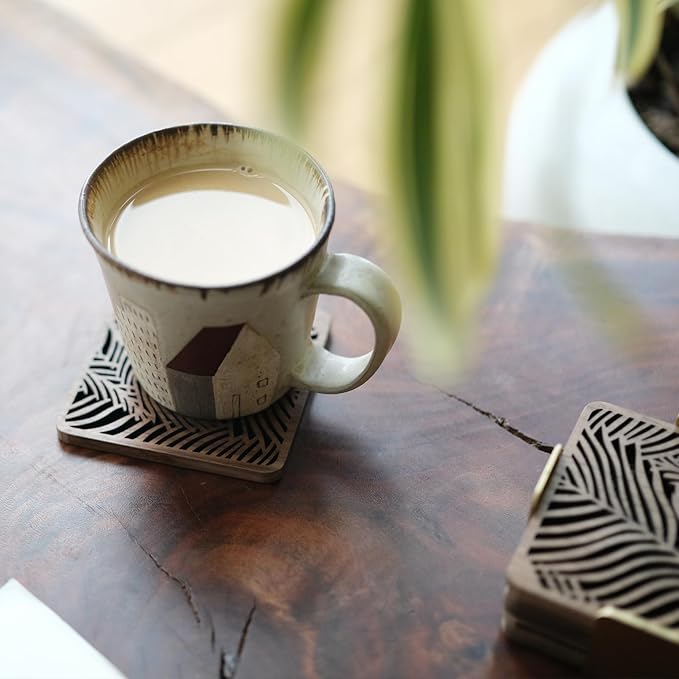 Wooden Coasters Set of 6 with Holder, Wood Coaster for Laser Engraving, Tree of Life Coasters, Walnut Wood and Brass (Square)
