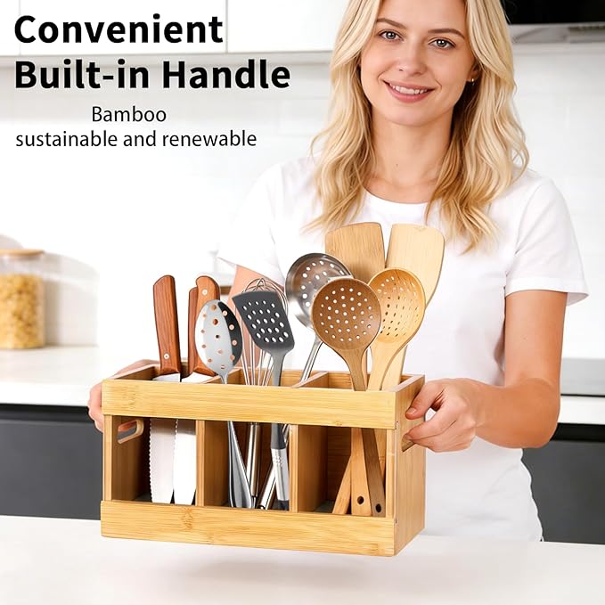 Kitchen Utensil Holder for Countertop Bamboo Large Cooking Utensil Holder Silverware Caddy Organizer with 6 Removeable Compartments for Party Home Farmhouse