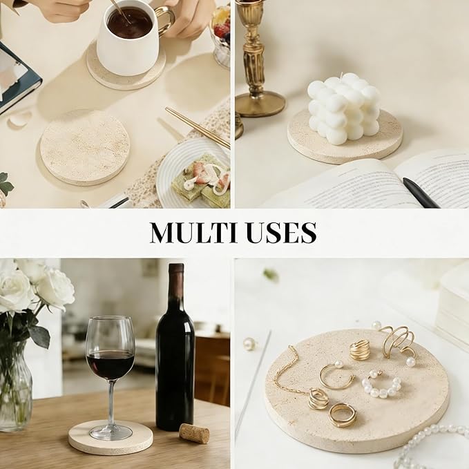 Natural Marble Coasters, Round Costers, Luxury Aesthetic Modern Decor for Coffee Table Bar Kitchen Home, Travertine Marble, Real Natural Semi Absorbent Stone Coasters