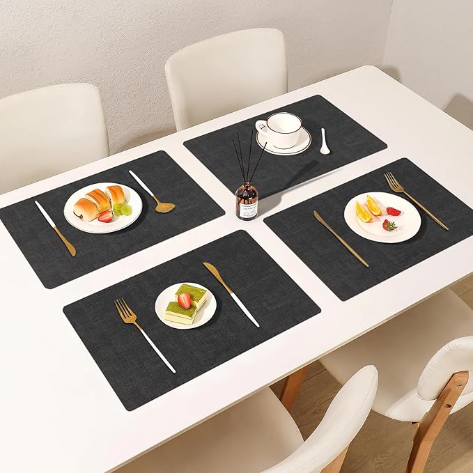 Faux Leather Placemats Set of 6, Heat Resistant Wipeable Washable Vinyl Place Mats, Waterproof Anti-Slip Dining Table Mats, Suitable for Indoor & Outdoor Use (Dark Grey)