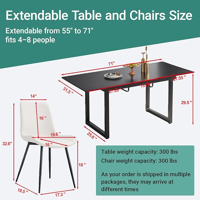Extendable Dining Table Set for 6, 55"–71" Modern Black Kitchen Table with 6 Upholstered Chairs, Space-Saving for Living Room Apartment, Sturdy & Comfortable, Easy Assembly