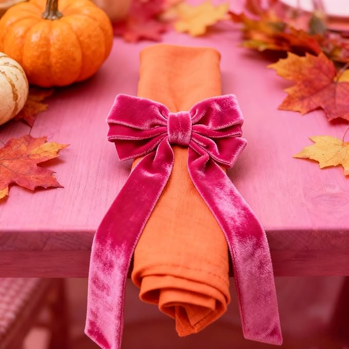 Bow Napkin Rings Set of 6 Luxury Soft Hot Pink Velvet Napkin Holders, Elegant Bow Design for Christmas Holiday Dinner Wedding Party Table Decor