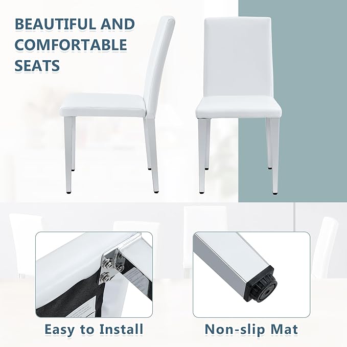 White Dining Chairs Set of 4,Faux Leather with Chrome Plate Metal Legs,Armless Kitchen Room Chairs Set of 4,Max Load 300 Lbs,High Back Modern Design for Home Kitchen Living Room Bedroom