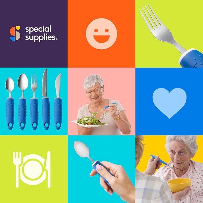 Special Supplies Adaptive Utensils (5-Piece Kitchen Set) Wide, Non-Weighted, Non-Slip Handles for Hand Tremors, Arthritis, Parkinson’s or Elderly Use - Stainless Steel Knives, Fork, Spoons - Blue