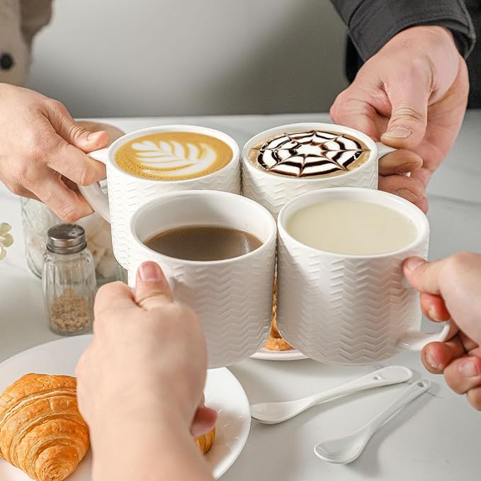 HASENSE Coffee Mugs 12 OZ Ceramic Cups Set of 4, Stackable Embossed Coffee Cups with Rack, Porcelain Coffee Cups for Latte, Cappuccino, Mocha, Cocoa, Americano, Hot Tea and Milk, White