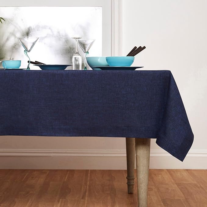 Solino Home Linen Tablecloth 60 x 108 Inch - 100% Pure Linen Chambray Navy Table Cloth for Rectangular Tables - Athena, Machine Washable Cloth Tablecloth for Winter, Spring