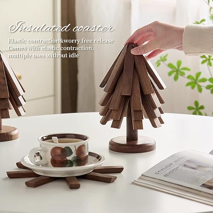 Trivets for Hot Dishes - Tree Washer Set, Wooden Pinwheel Coaster Set with Stand for Easy Storage - for Fondue pots, Pans, Bowls, teapots, Warming Trays - Versatile Decorations (A Walnut 4 pcs)
