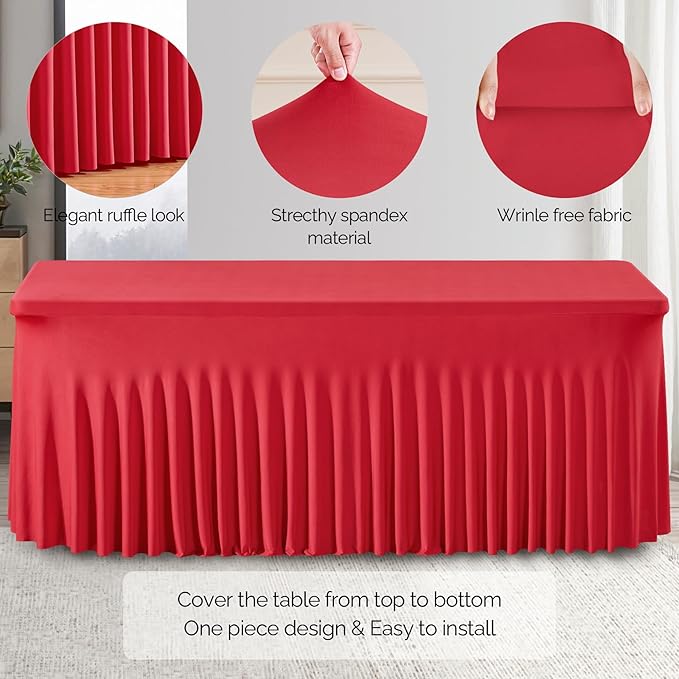 Wish Care 2 Pack Red Spandex Table Clothes for 8 Foot Rectangle Tables, 8FT Wrinkle Free Fitted Tablecloths Ruffles Design Stretch Table Cover for Party, Banquet, Wedding and Events