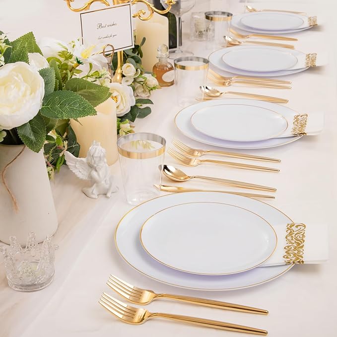 MirthMood 210Pcs Disposable Plastic Plates Set, Gold and White Plastic Party Plates, Includes:30 Dinner Plates, 30 Dessert Dinnerware, 30 Cups, 30 Napkin Cutlery for Spring Wedding,Birthday Party