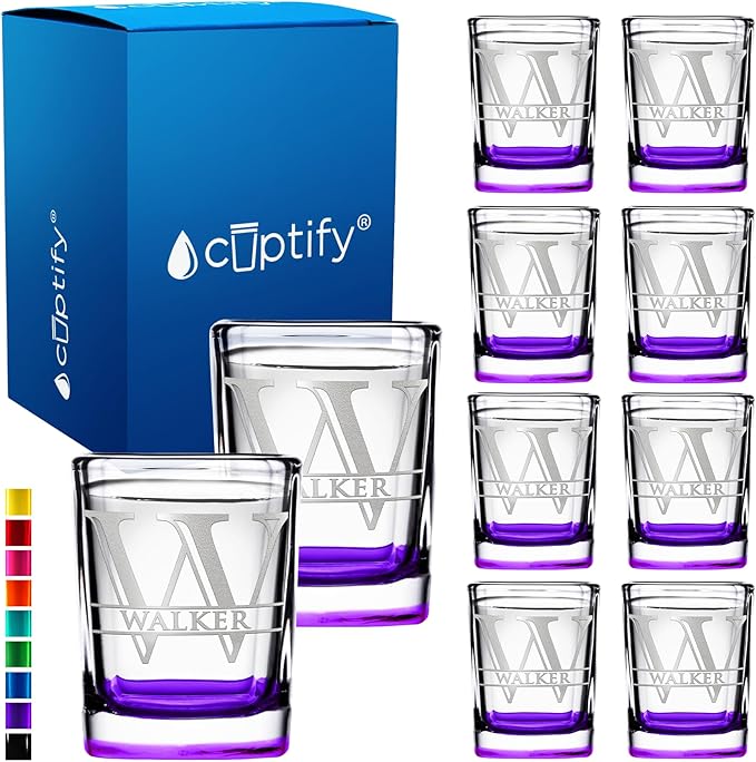Personalized Square Shot Glasses Set of 10 Purple Bottom 2oz Engraved Initial and Name Custom Gifts, Weddings, Birthdays, Party, Event, Decorations