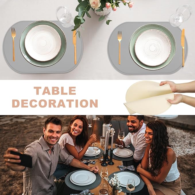 uxcell 2 Pcs Oval Silicone Placemat, 15.4" x 10.4" Non-Slip Washable Table Placemats Heat Resistant Waterproof Mat with High Edge for Table Kitchen Desk Protection, White