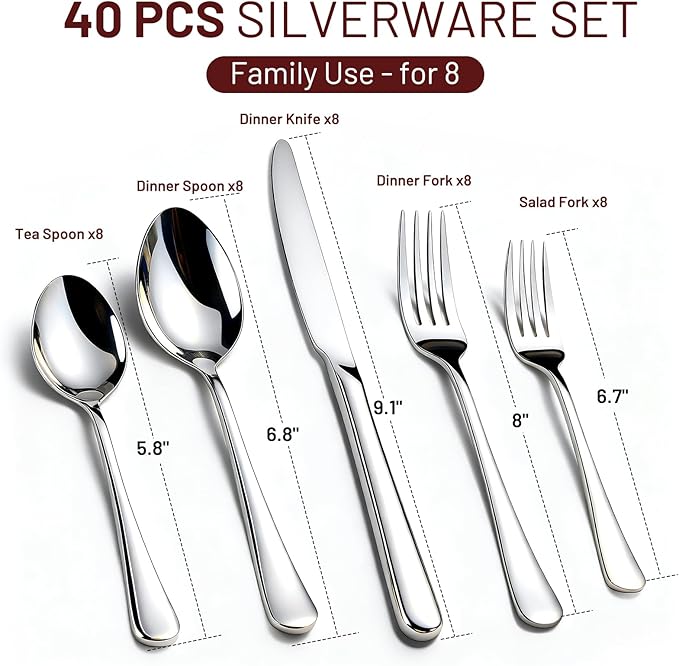 KIKCOIN 40 Pack Silverware Set for 8, Balanced Weight Stainless Steel Flatware Set, Mirror Polished Spoons And Forks Knife Set, Heavy DutyCutlery Utensils Set for Home Kitchen Restaurant Wedding