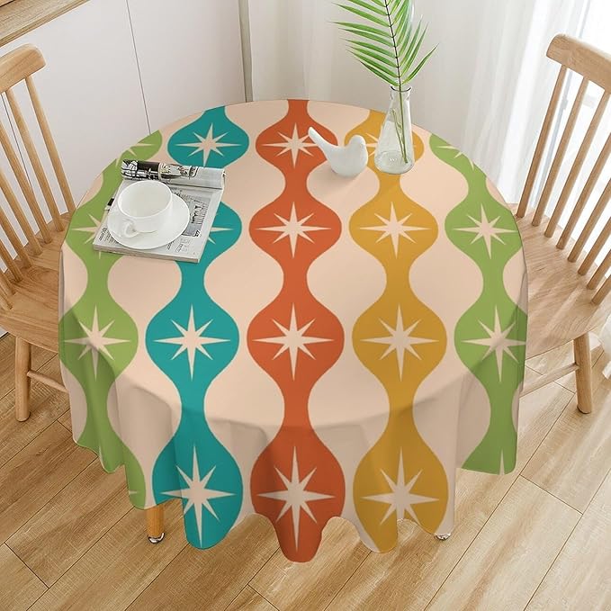 Mid Century Modern Round Tablecloth, Vintage Abstract Colorful Geometric Tablecloth for Home Party Dining Room Kitchen Decor 60Inch(152cm)