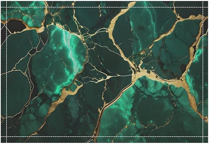 Marble Linen Placemats Set of 2, Modern Luxury Foil Texture Hunter Green White Gold Marble 12x17 Inch Washable Table Mats Non Slip Placemats for Wedding Party Kitchen Banquets Dining Decoration