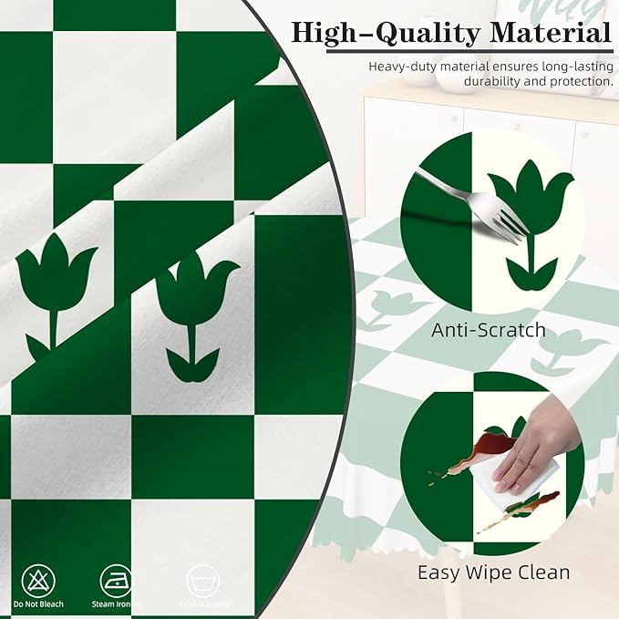 Laeacco 24 Inch Geometric Round Tablecloth Green White Plaid Square Flower Modern Abstract Art Print Table Cloth Washable Waterproof Wrinkle Free Table Cover for Kitchen Dining Picnic Party Decor