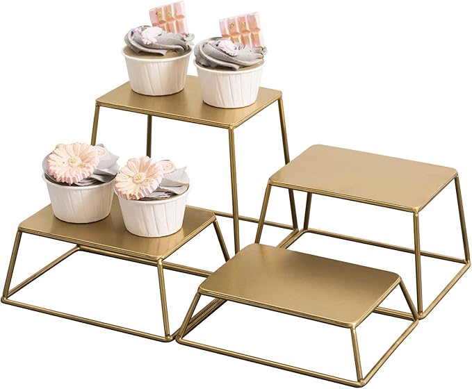MyGift 4 Piece Set Modern Brass Tone Metal Nesting Tabletop Cupcake Display Risers, Food Appetizer Dessert Buffet Table Serving Stands for Home Party Event Retail (Brass)