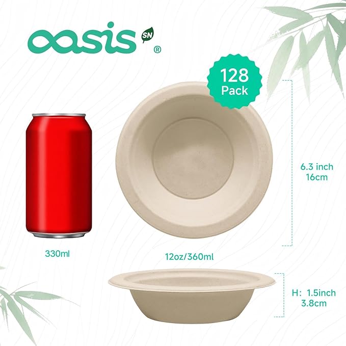 𝟭𝟮 𝗼𝘇, 𝟭𝟮𝟴-𝗣𝗮𝗰𝗸 Compostable Paper Bowls, Heavy-Duty Biodegradable Disposable Bowls Made from Bagasse, Eco-Friendly, Microwave & Freezer Safe (Natural)