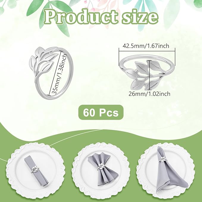 Peacoblue 60Pcs Sliver Leaf Napkin Rings Holders Modern Stainless Steel Napkin Ring Holders for Table Decor Settings, Vintage Napkin Ring for Wedding Christmas Thanksgiving Day Party