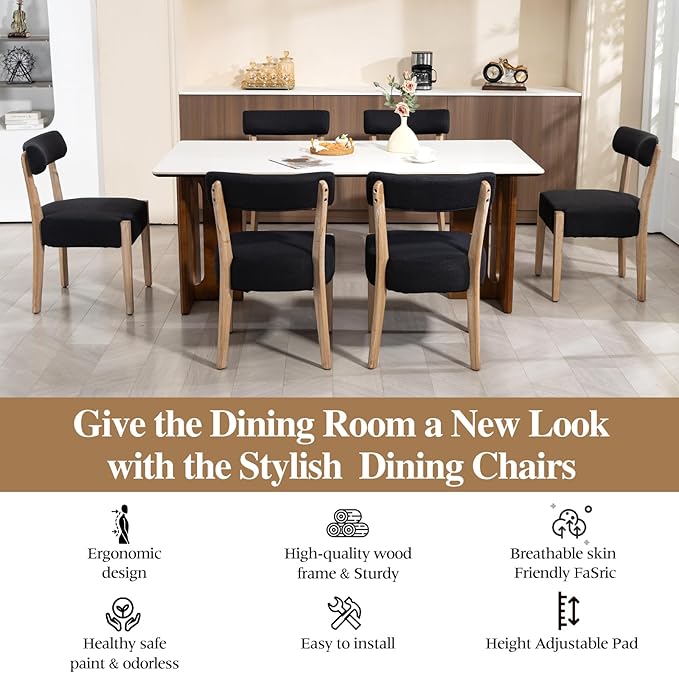 Dining Chairs,Set of 2 Mid-Century Modern Wooden Kitchen Chairs with Linen Upholstery - Low-Back Woven Design for Kitchen & Dining Room,Black Fabric