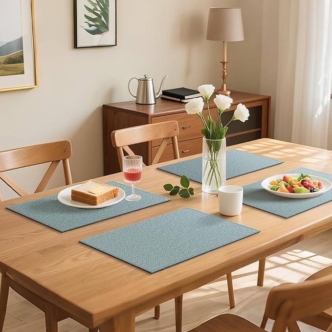 Blue Forest Placemats Set of 6, Dual-Layered Thickened Faux Linen Table Mats Heat Resistant Machine Washable Wrinkle Free Place Mats for Kitchen Dining Outdoor/Indoor (Sky Blue)