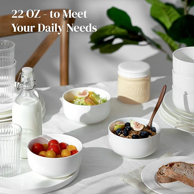 DOWAN White Ceramic Bowls Set of 6, 22 oz Ceramic Cereal Bowls, Everyday Cereal, Soup & Rice Bowls, Stackable Stoneware for Modern Kitchens, Dishwasher & Microwave Safe Bowl