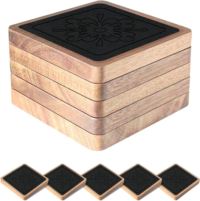 Square Coasters for Drinks, Absorbent Coaster Sets of 5, Wood Drinks Coasters for Coffee Tabletop Protection, Non-Slip, Non-Stick, Suitable for Kinds of Cups Wooden Table Drink, 4.1 Inches Black