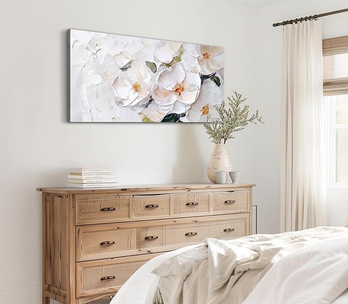 ADJUVANT Wall Art Impressionist Minimalist White Floral 60"L x 30"W, White Flowers With Subtle Tones Canvas Painting Delicate Petals Artwork Floral Wall Decor for Living Room Bedroom Bathroom Home Office