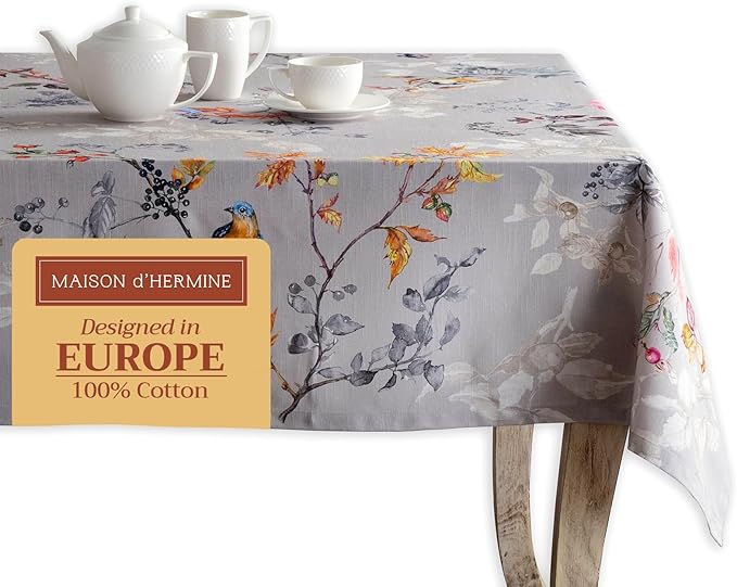 Maison d' Hermine Table Cloth Square Table 100% Cotton 60 x 60 Inches Fall Tablecloth Reusable Everyday Use for Thanksgiving Christmas Decorations Dining Farmhouse Party (Equinoxe - Grey)