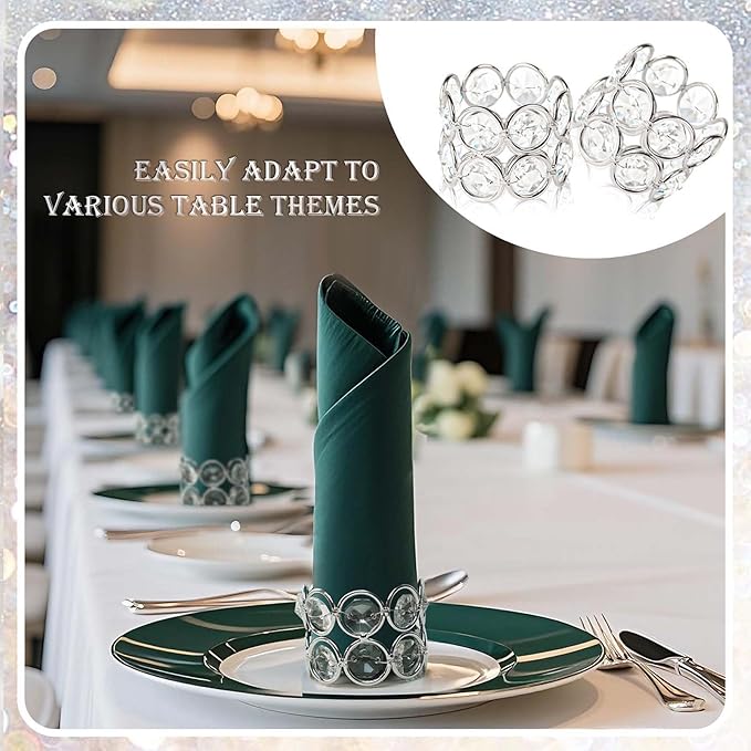 Crystal Metal Napkin Rings Set, Elegant Wedding/Party Table Decor, Shiny Holiday Dinner Accessories Bulk, Bridal Shower Gift, Anniversary, Christmas, Home Decor Essentials (Silver, 24-Pcs)
