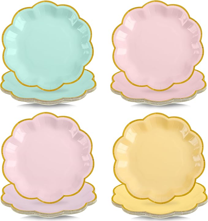 48 Pcs Pastel Scalloped Paper Plates 7 Inch Disposable Macaron Colorful Dessert Plates with Gold Edge Gradient Rainbow Party Supplies for Wedding Birthday Baby Shower Bridal Summer Decorations