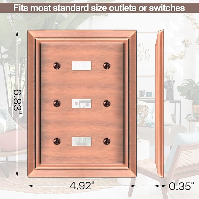 Metal Wall Plate for Electrical Outlets, Decorative Antique Copper Switch Plates Outlet Cover, Light Switch Cover Plate, 3-Gang Wall Plates (Triple Toggle, 1 Pack)