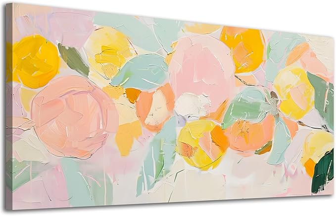 ADJUVANT Wall Art Impressionist Colorful Floral 40"L x 20"W, Bright Blooms With Pastel Leaves Canvas Painting Lively Petals Artwork Prints Floral Wall Decor for Living Room Bedroom Dining Room Home Office