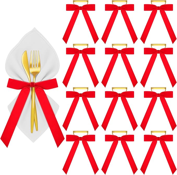 Riceshoot Velvet Bow Napkin Rings Bows with Gold Semicircle Metal Napkin Ring Velvet Bow Holder for Wine Bottles Table Settings Candlestick Wedding Valentine's Day Dinner(Red,12 Pcs)