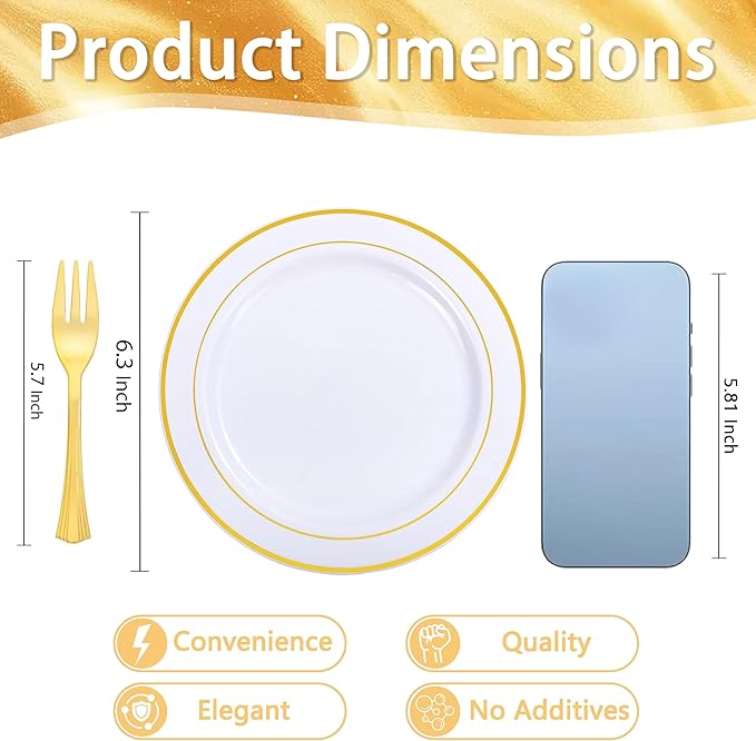 WELLIFE 120 PCS Plastic Dessert Plates and 120 PCS Forks, 6.3 inch Disposable Salad Plate, Premium White Appetizer Plates with Gold Rims Perfect for Party and Wedding