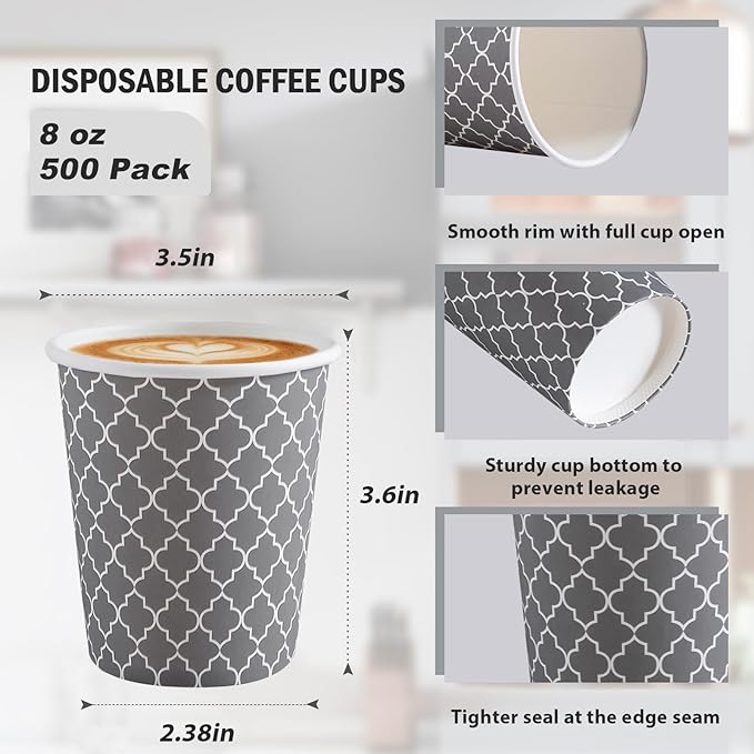 Lamosi Paper Cups 8 oz 500 Pack, Disposable Paper Coffee Cups, Hot Cup, 8oz Paper Insulated Cup for Cold Hot Drinks (No Lids)