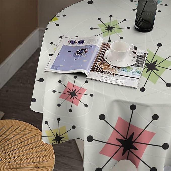 Retro Mid Century Round Tablecloth, Vintage Modern Colorful Abstract Geometric Art Bohemian Tablecloth for Home Party Dining Room Kitchen Decor 60Inch(152cm)