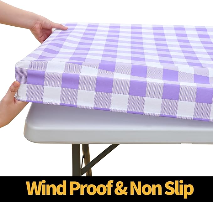 Smiry Rectangle Picnic Table Cloth, Elastic Waterproof Fitted Vinyl Tablecloths, Flannel Backed Buffalo Plaid Table Covers for Dining, Camping, Outdoor (White and Purple, 30" x 48")