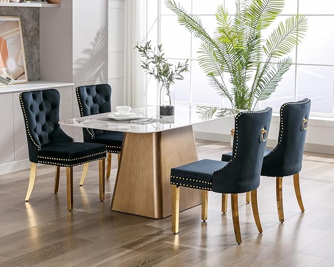 KCC Velvet Dining Chairs Set of 6, Upholstered High-end Tufted Dining Chair with Nailhead Back Ring Pull Trim Stainless Steel Legs, Contemporary Nikki Collection Modern Style for Kitchen, Black