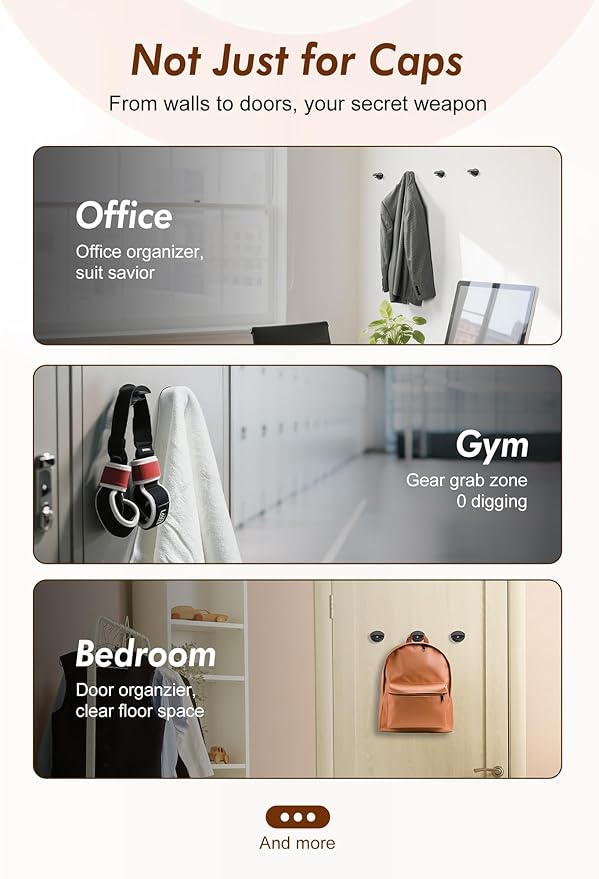 HOUSE DAY Adhesive Hat Hooks for Wall 8 Pack, Strong Hat Rack for Baseball Cap Display Organizer, Hats Holder for Wall, Door, Closet, No Drilling, Black