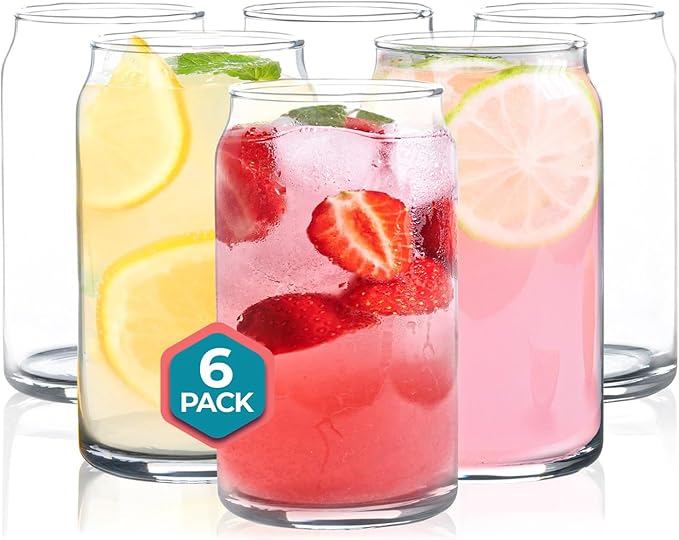 Can Shaped Drinking Glasses 16 oz - 6 Pack Beer Can Glass Cups Set, Clear Pint Beer Glasses for Soda, Water, Iced Coffee, Whiskey, Cocktails, Unique, Aesthetic Kitchen Drinkware, Dishwashable - 16oz