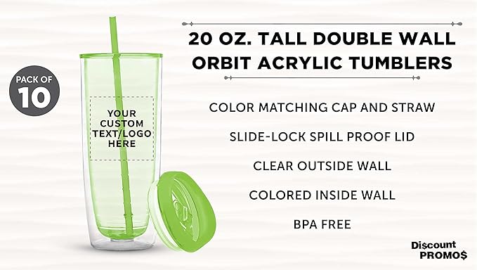 Custom Tall Orbit Acrylic Tumblers 20 oz. Set of 10, Personalized Bulk Pack - Perfect for Iced Coffee, Soda, Other Hot & Cold Beverages - Lime Green