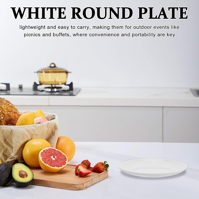 White Melamine Dinner Plates round 201mm, Sturdy Plastic China Plates for Home and Commercial Use, Farmhouse Style Tableware for Bbq, Salad, Snack Serving