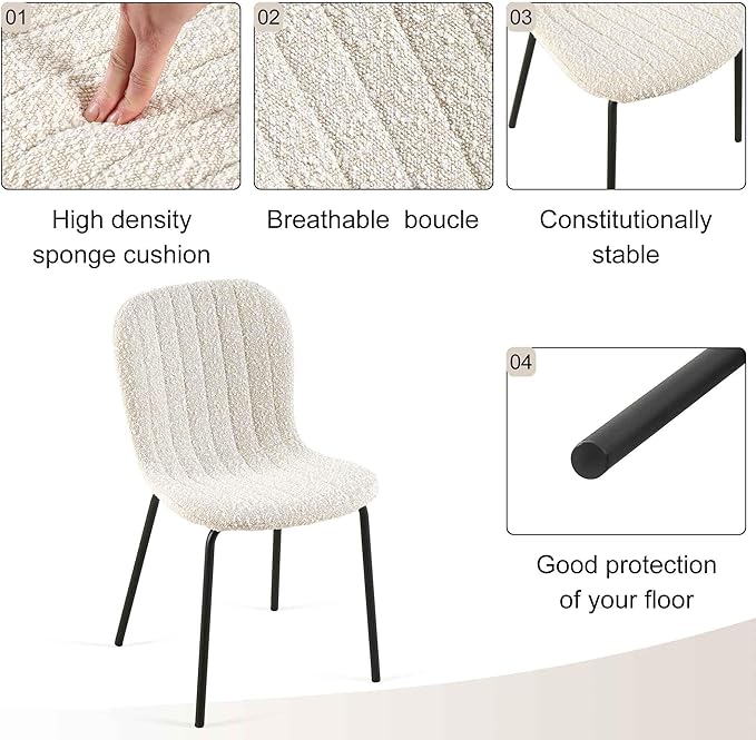 Round Dining Table Set for 4 with Boucle Chairs - Modern Kitchen Table and Chairs Set for Small Spaces - Boucle White