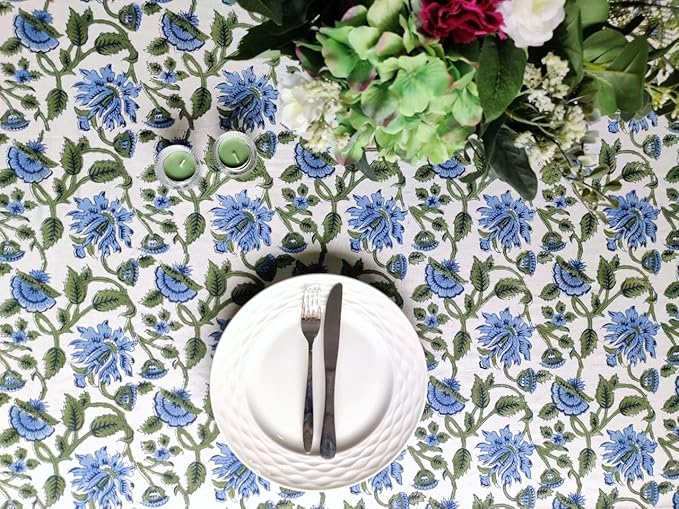 ATOSII Taj 100% Cotton Rectangle Fall Tablecloth, Handblock Floral Print Linen Table Cloth for Kitchen Dining I Parties, Outdoors, Christmas, Thanksgiving I 72 X 108 Inches I 8 Seater