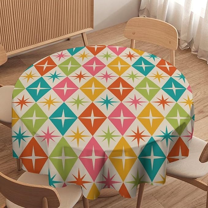 Abstract Geometric Round Tablecloth, Mid Century Retro Abstract Vintage Tablecloth for Home Party Dining Room Kitchen Decor 50Inch(127cm)