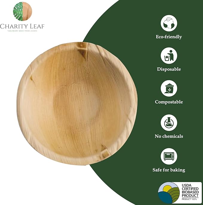 Charity Leaf Disposable Palm Leaf 5" Round Bowl (1000 pcs) Dipping Bowls | Bamboo Like| All Natural and Biodegradable | Charcuterie Boards, BBQs, and Parties