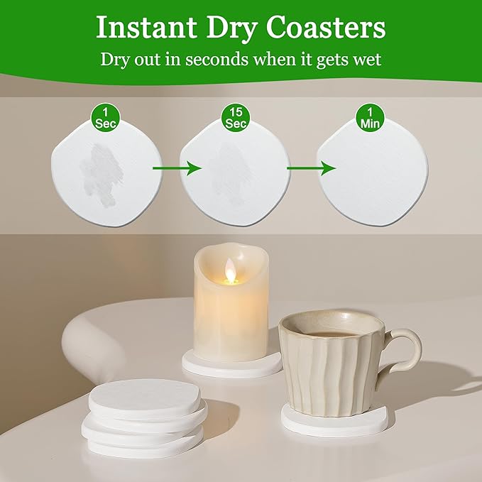 Diatomaceous Earth Coasters Set of 2 for Drinks, Moisture Water Absorbent Stone Coasters for Table Desk at Work, Water Absorbing Instant Drying Diatomite, Modern White