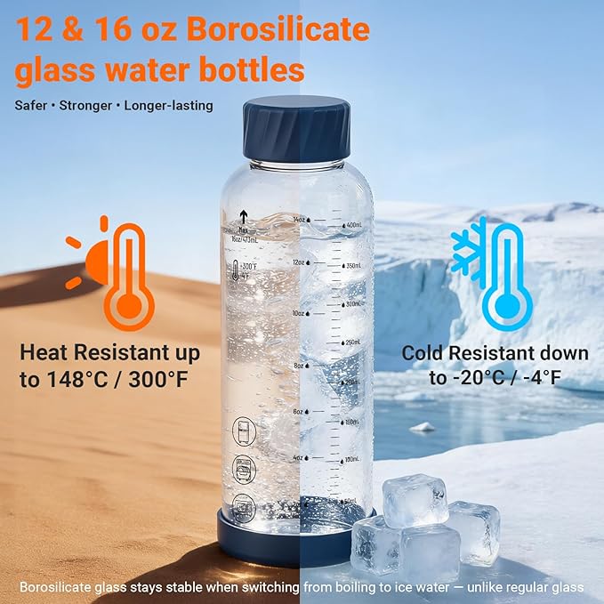 Sursip 16 oz Glass Juice Bottles – 4 Pack Borosilicate Glass Bottles with Lids – Heat-Resistant, BPA Free, Leakproof & Reusable for Juicing, Smoothies, Milk, Protein, Water